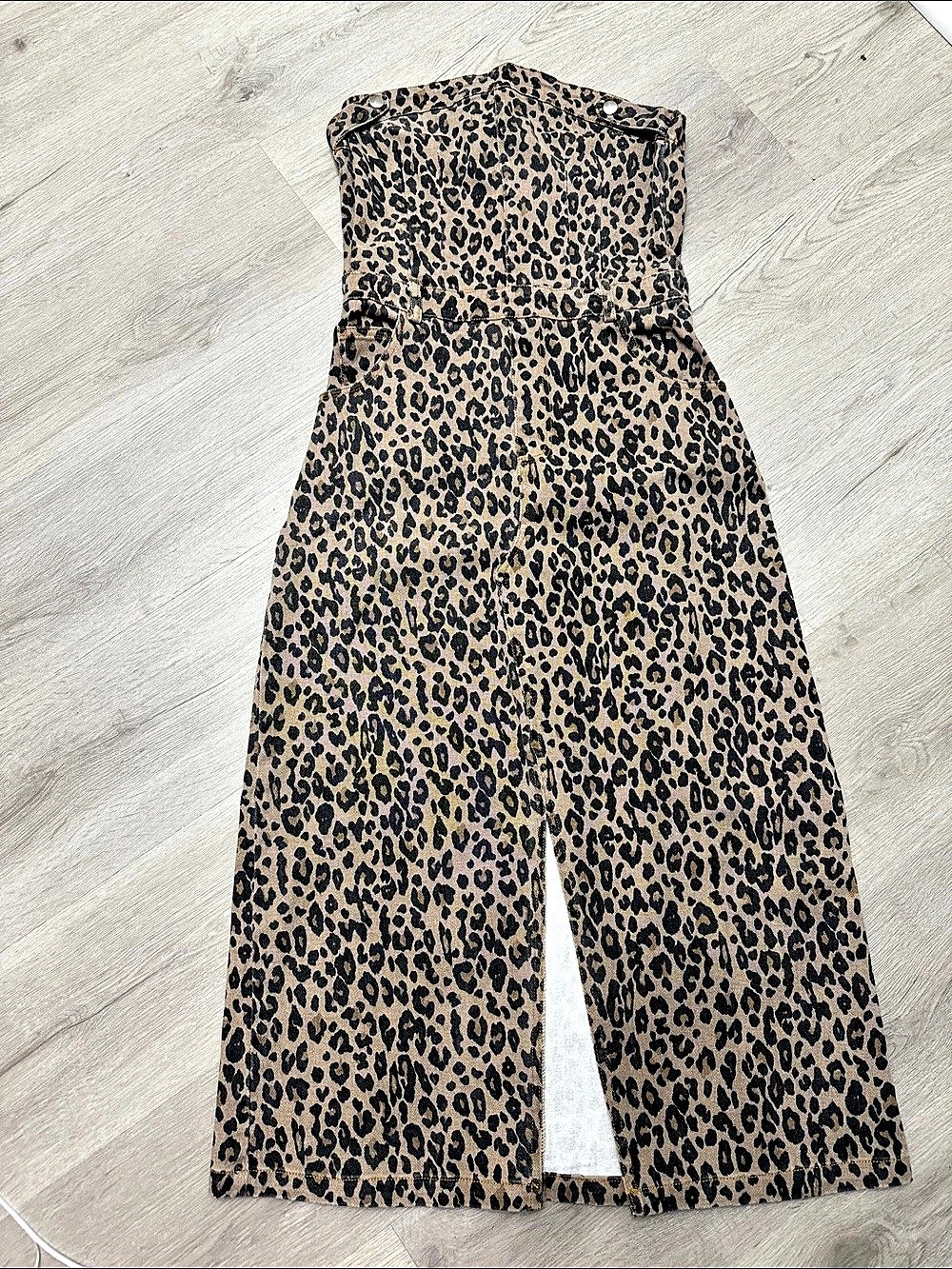 Leopard Print Denim Strapless Midi Dress